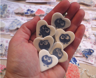 Blue and white owl brooches and pins