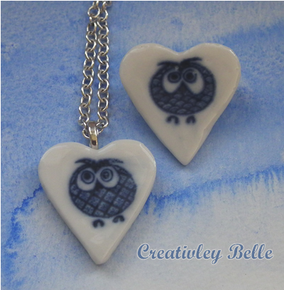 Blue and white porcelain owl necklace and brooch