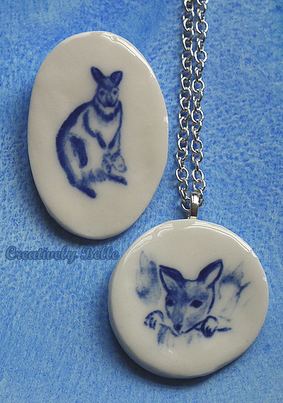 Kangaroo and joey necklaces and pins by Creatively Belle