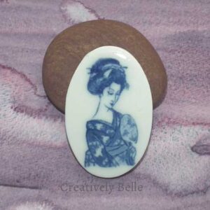 Geisha brooch blue and white handmade ceramic jewellery by Creatively Belle at The Rocks Markets