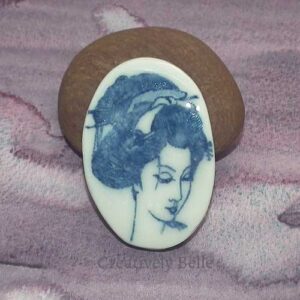 Geisha profile brooch blue and white handmade ceramic jewellery by Creatively Belle at The Rocks Markets