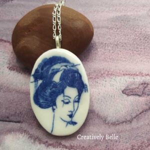 Harmony Geisha in blue and white ceramic jewellery necklaces and brooches by Creatively Belle