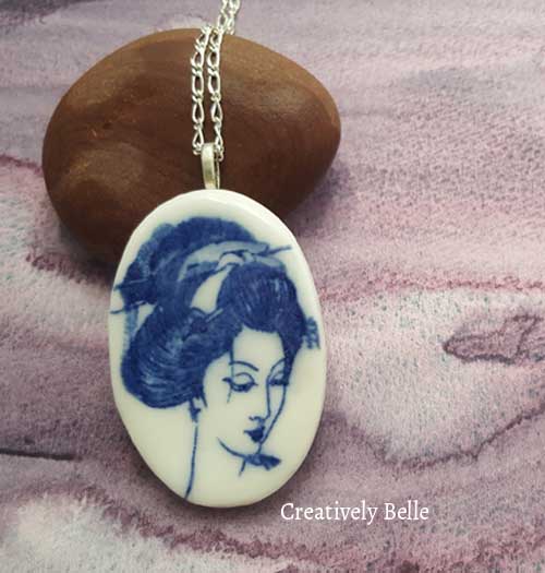 Harmony Geisha in blue and white ceramic jewellery necklaces and brooches by Creatively Belle