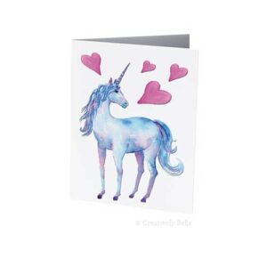 Hearts Unicorn card printed on recycled paper
